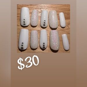 White and Glitter Press-On Nails with Rhinestones